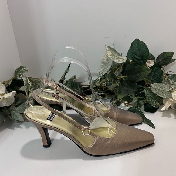 NWOT Stuart Weitzman Heels Women's Size 8.5 Gold Slingback Shimmery Ankle Strap - Picture 2 of 14
